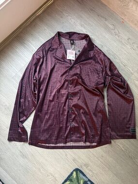 Savage X Fenty Men's Satin Button-Up Pajama Top in Burgundy and Black